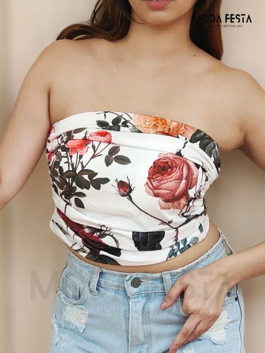 Stylish Flora Print White TubeTop