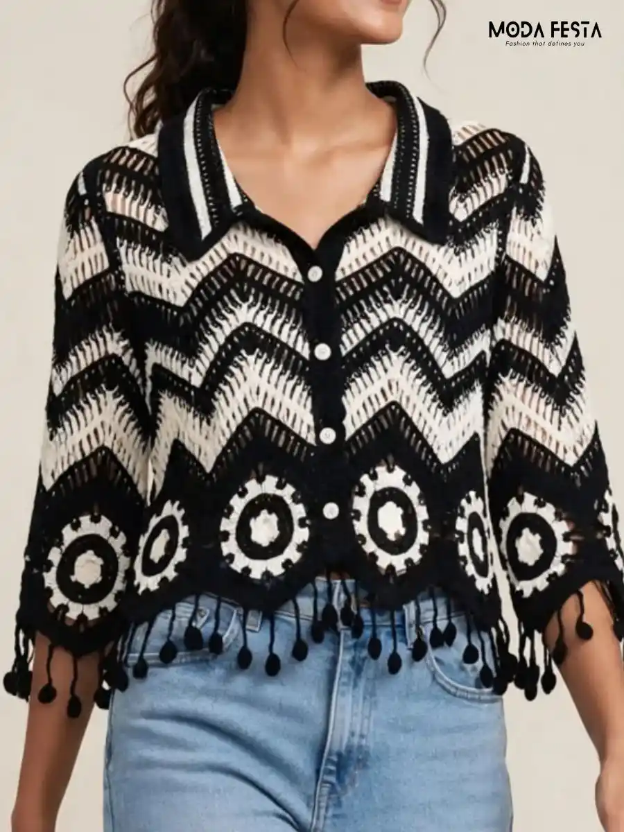 ModaFesta -black-white-crochet-fringe-top