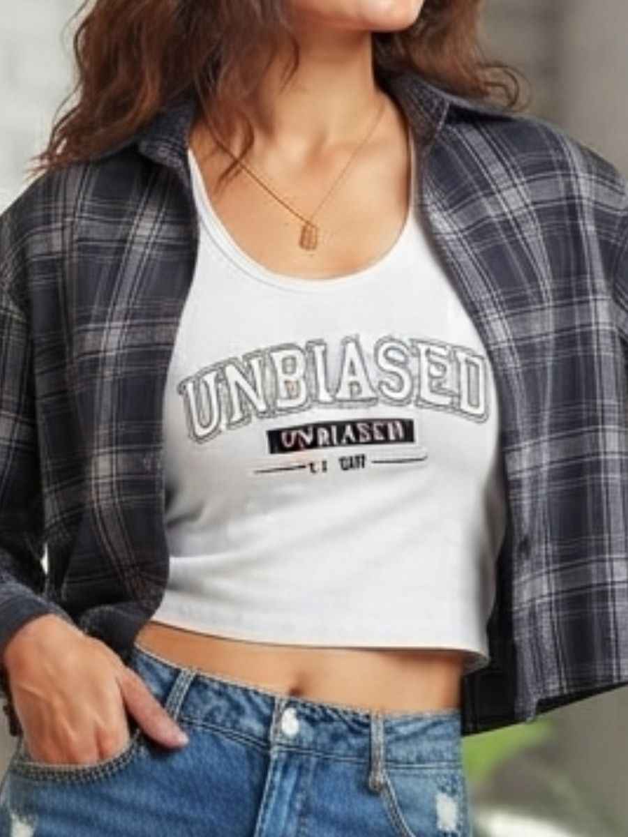 ModaFesta -unbiased-graphic-white-crop-top-plaid-jacket-set