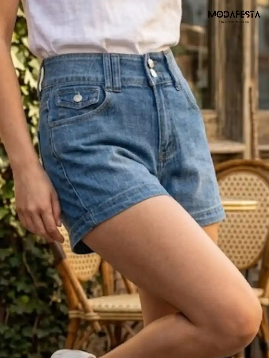 ModaFesta -elegant-double-button-denim-short-blue