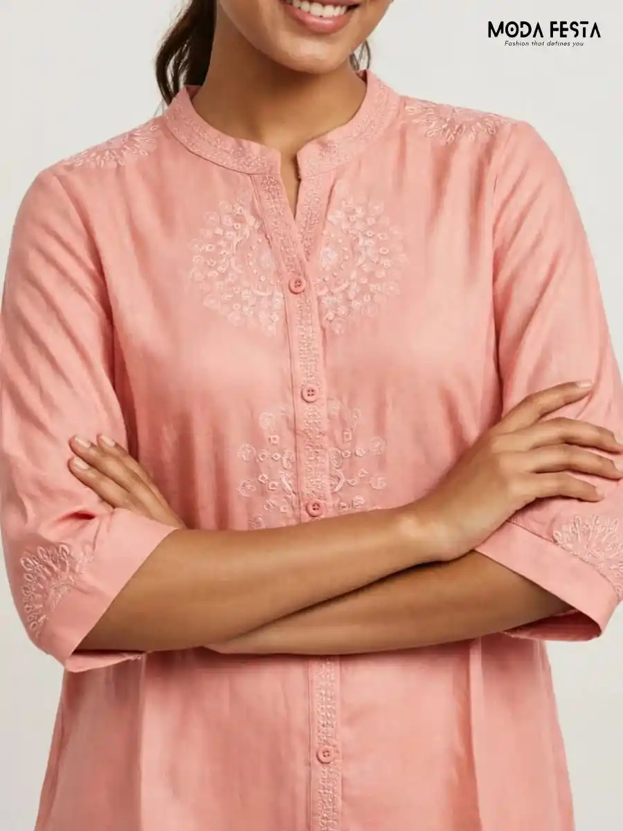 ModaFesta -peach-embroidered-mandarin-collar-button-down-top