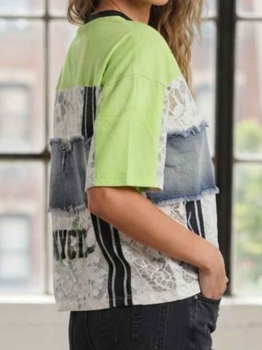 ModaFesta -green-patchwork-graphic-lace-denim-t-shirt