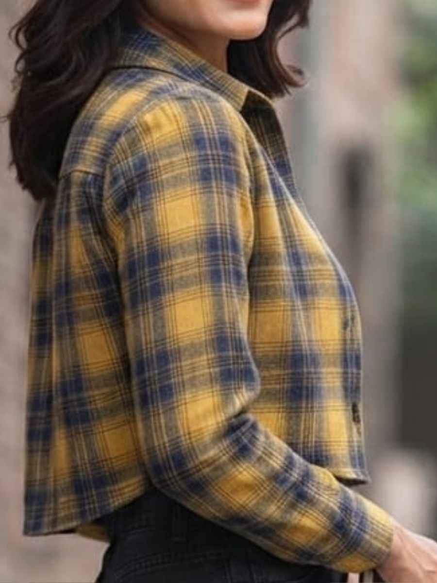 ModaFesta -equity-club-graphic-white-crop-top-yellow-plaid-jacket-set
