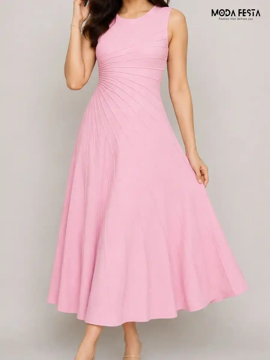 Elegant Pink Pleated Sleeveless Midi Dress