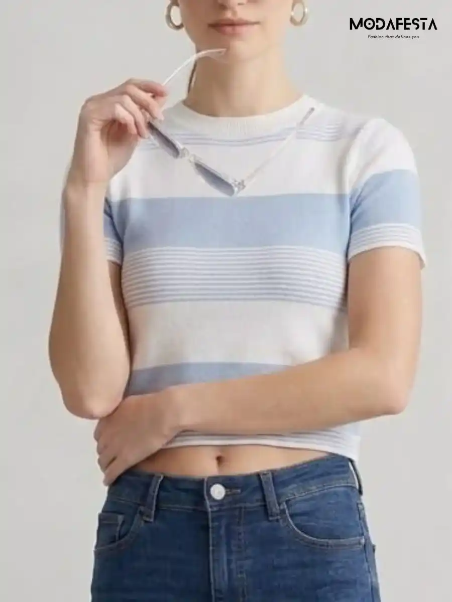 ModaFesta -elegant-blue-and-white-striped-crop-t-shirt
