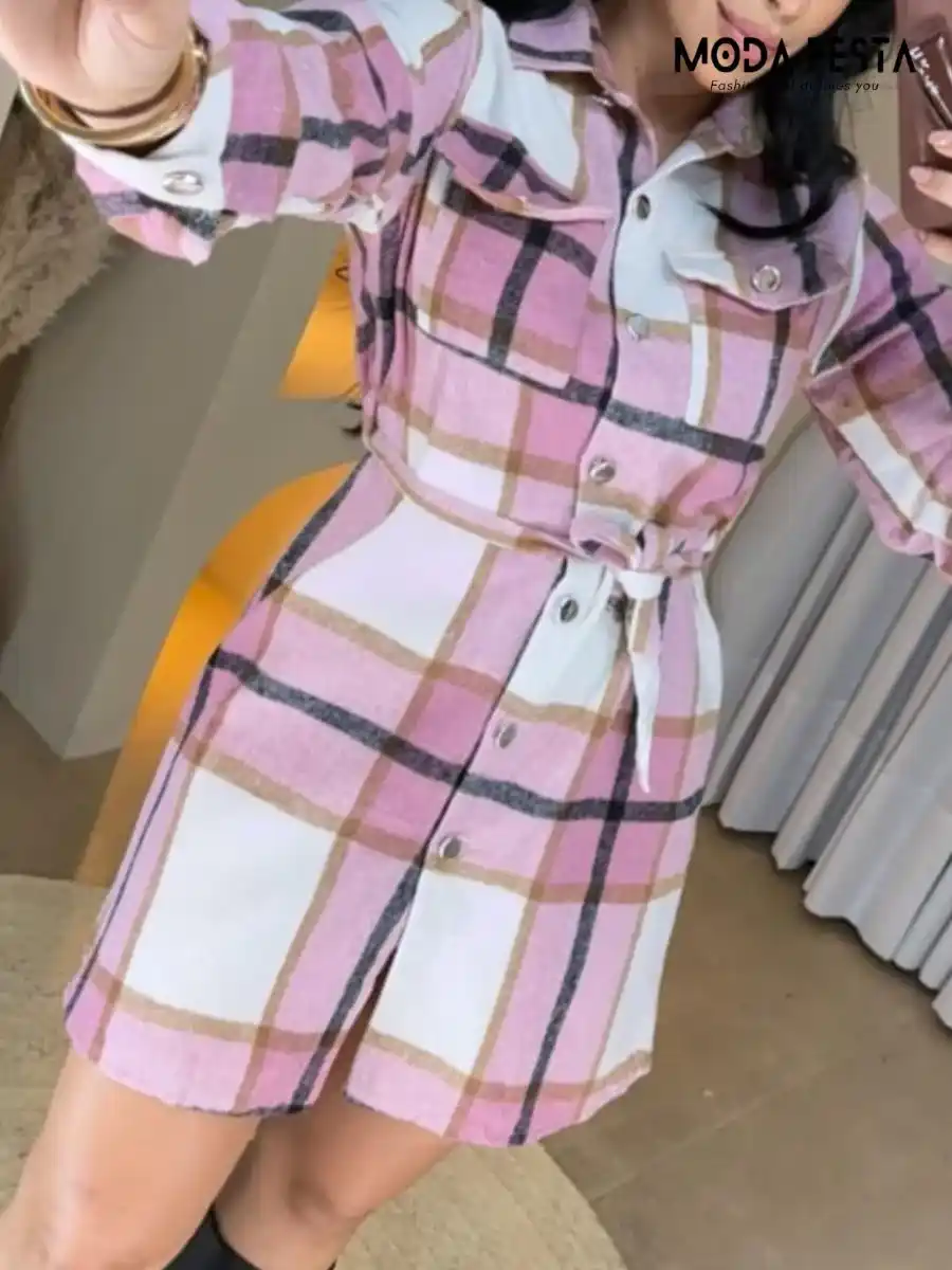 ModaFesta -elegant-chex-overcoat-jacket-pink