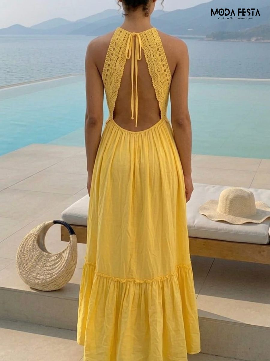 ModaFesta -backless-long-cotton-dress-with-lace-yellow