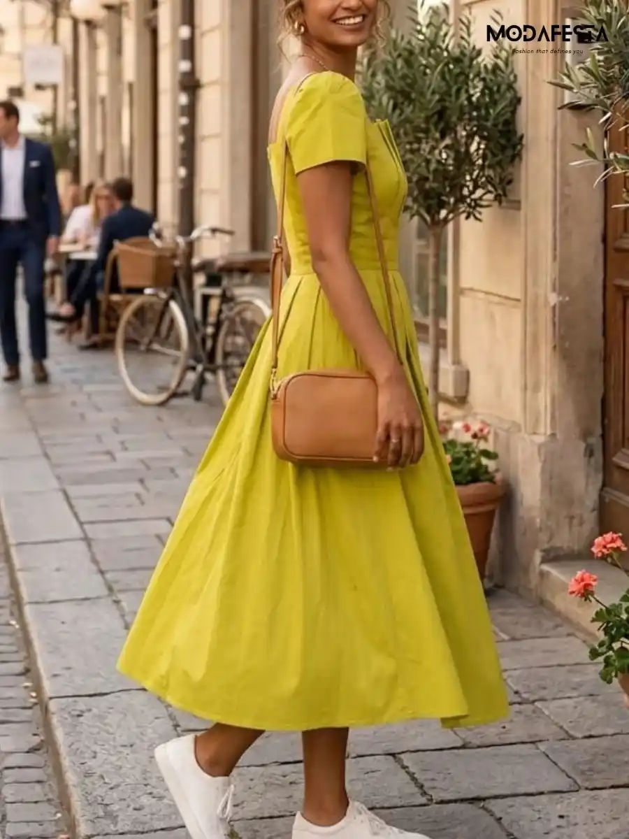 ModaFesta -classic-a-line-casual-dress-neon-green