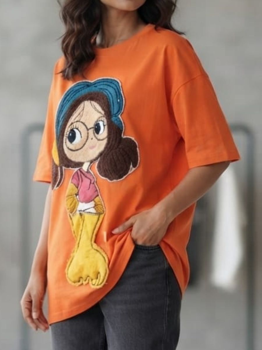 ModaFesta -womens-oversized-cartoon-patch-graphic-tshirt