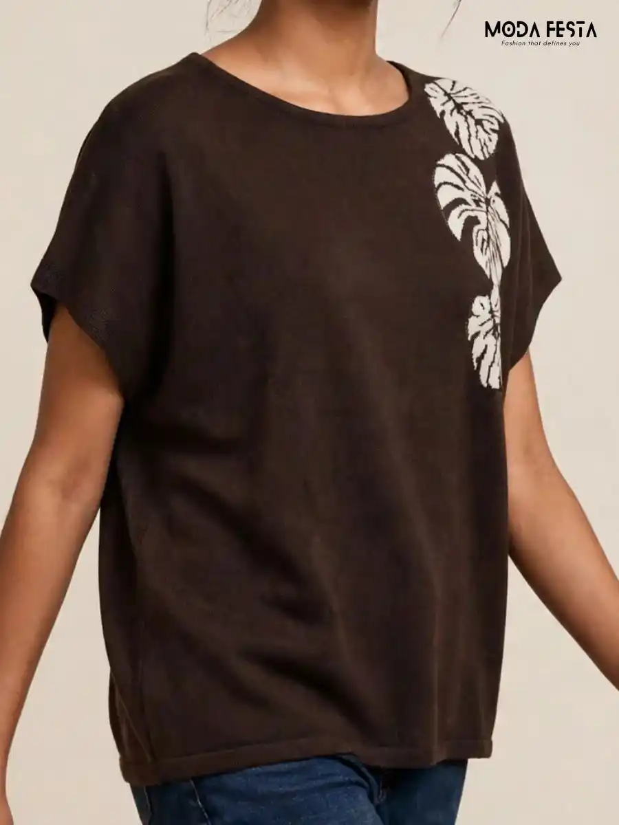 ModaFesta -brown-white-leaf-motif-short-sleeve-knit-top