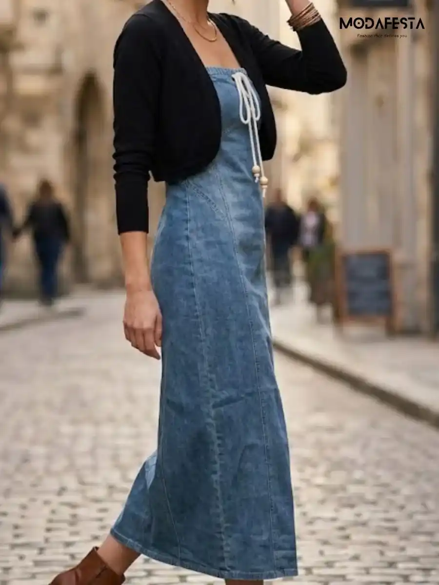 ModaFesta -elegant-a-line-denim-dress-with-shrug-blue