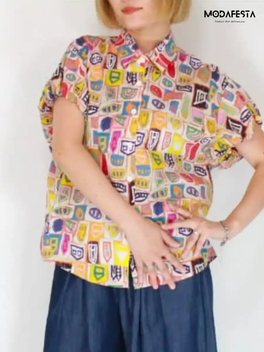 ModaFesta -elegant-puff-sleeve-hand-drawn-print-shirt-orange