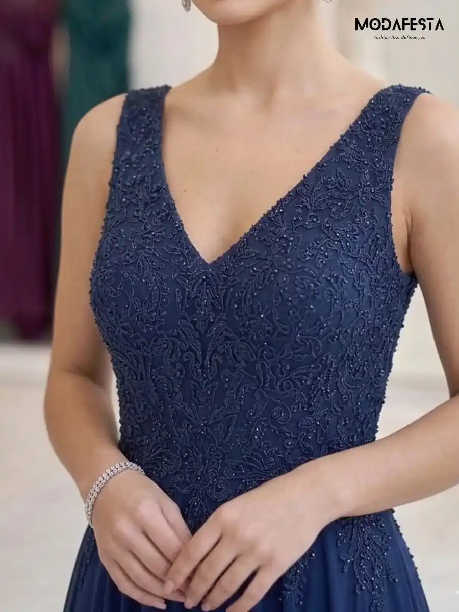 ModaFesta -elegant-v-neck-floral-lace-gown-navy-blue