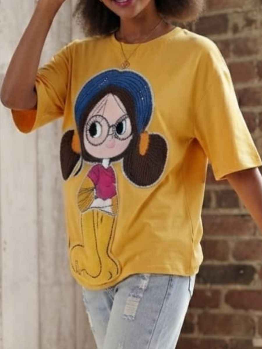 ModaFesta -yellow-casual-tshirt-with-cartoon-girl-graphic