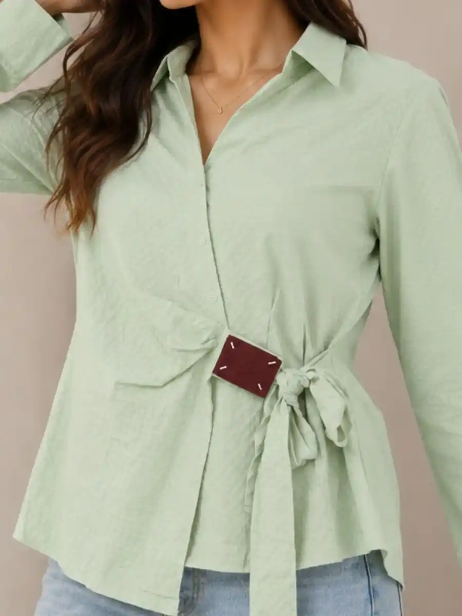 Sage Green Asymmetric Wrap-Style Top with Side Tie-Up