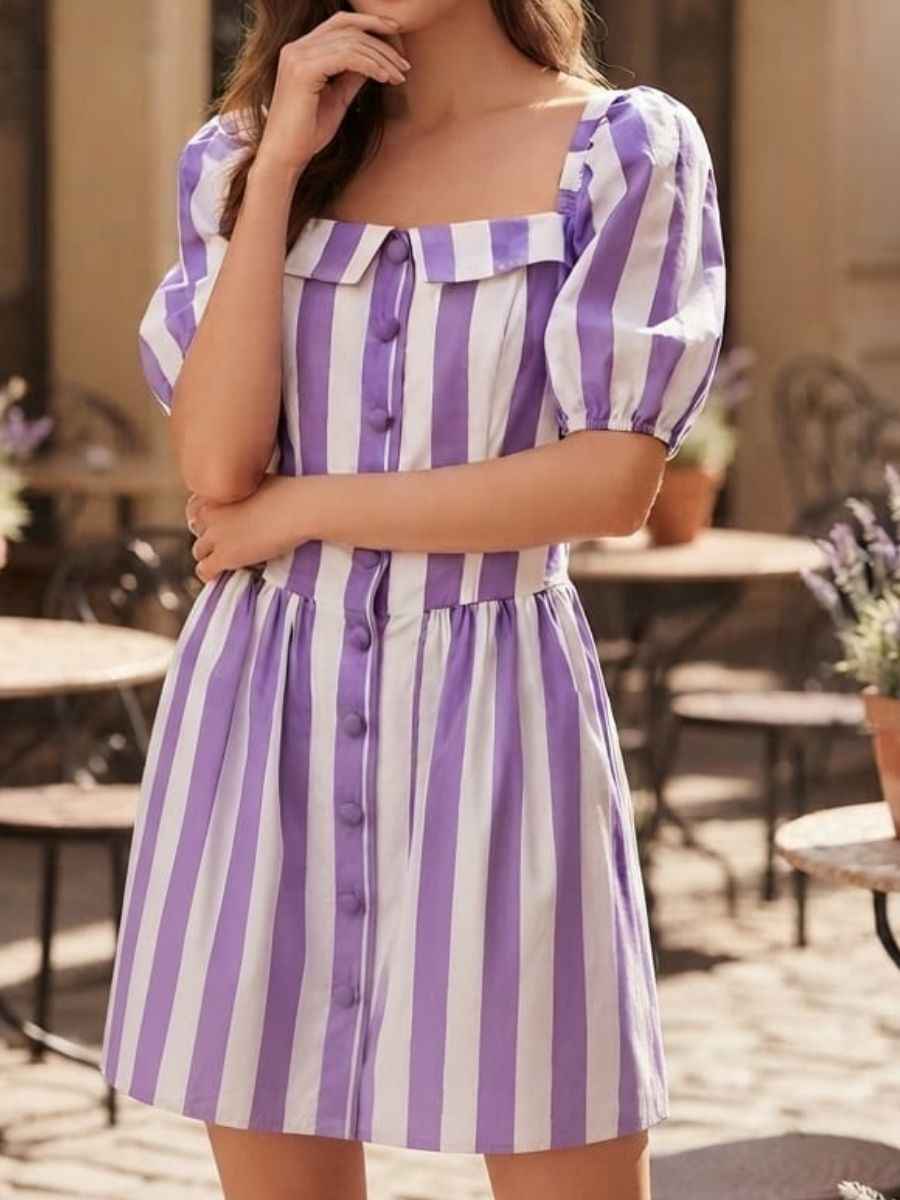 ModaFesta -purple-white-striped-puff-sleeve-short-dress