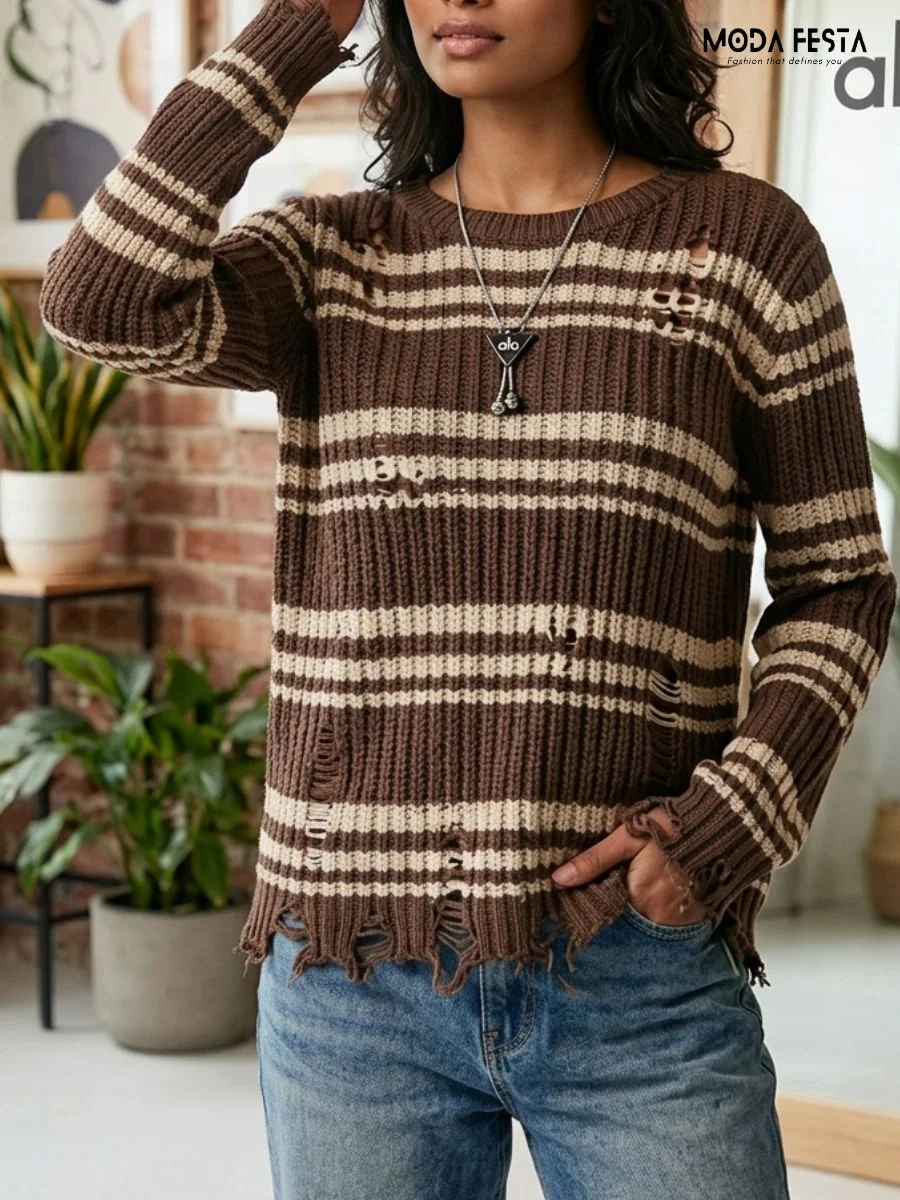 ModaFesta -distressed-striped-knit-sweater
