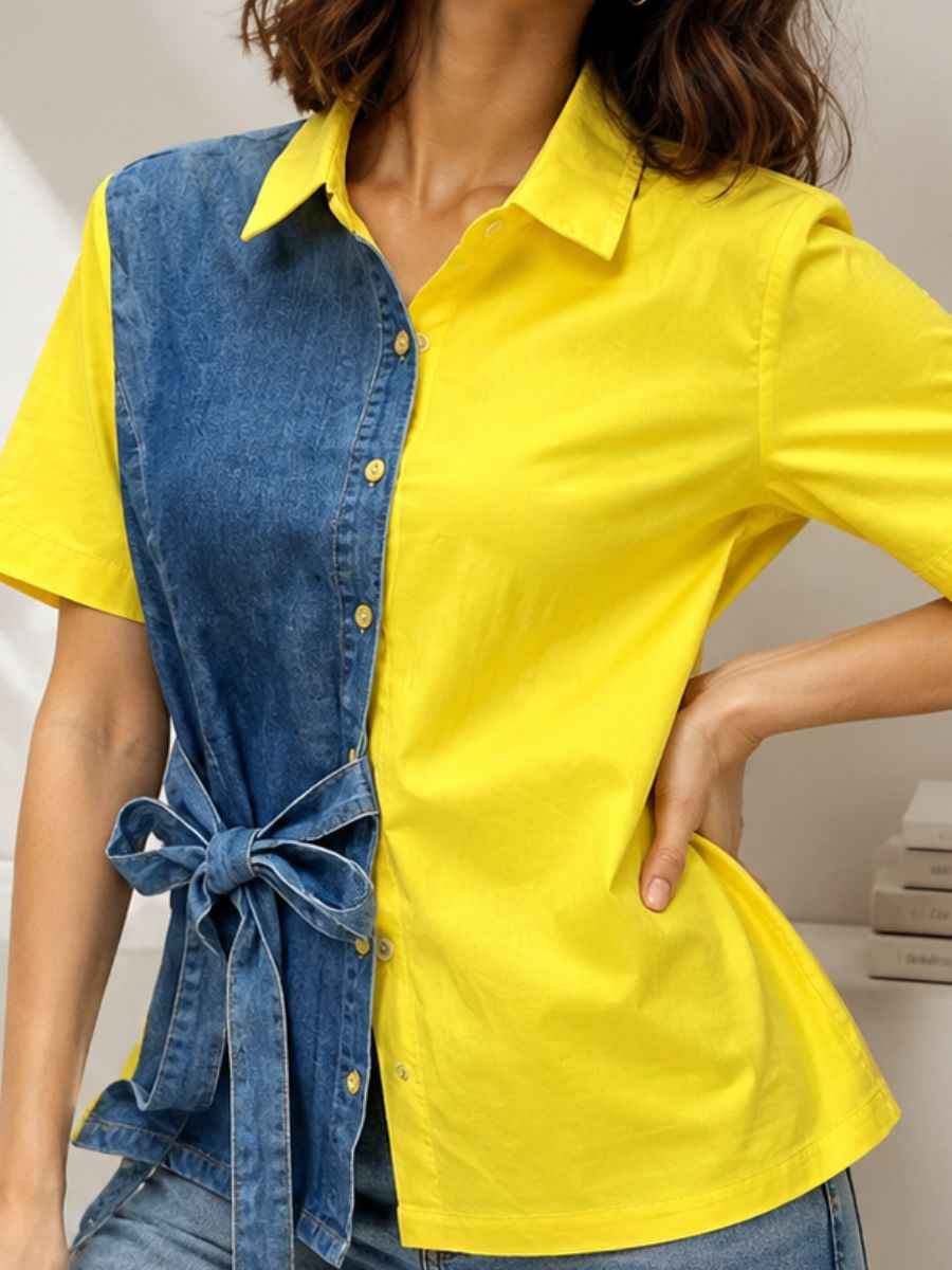 Yellow and Denim Color-Blocked Bow-Tie Shirt