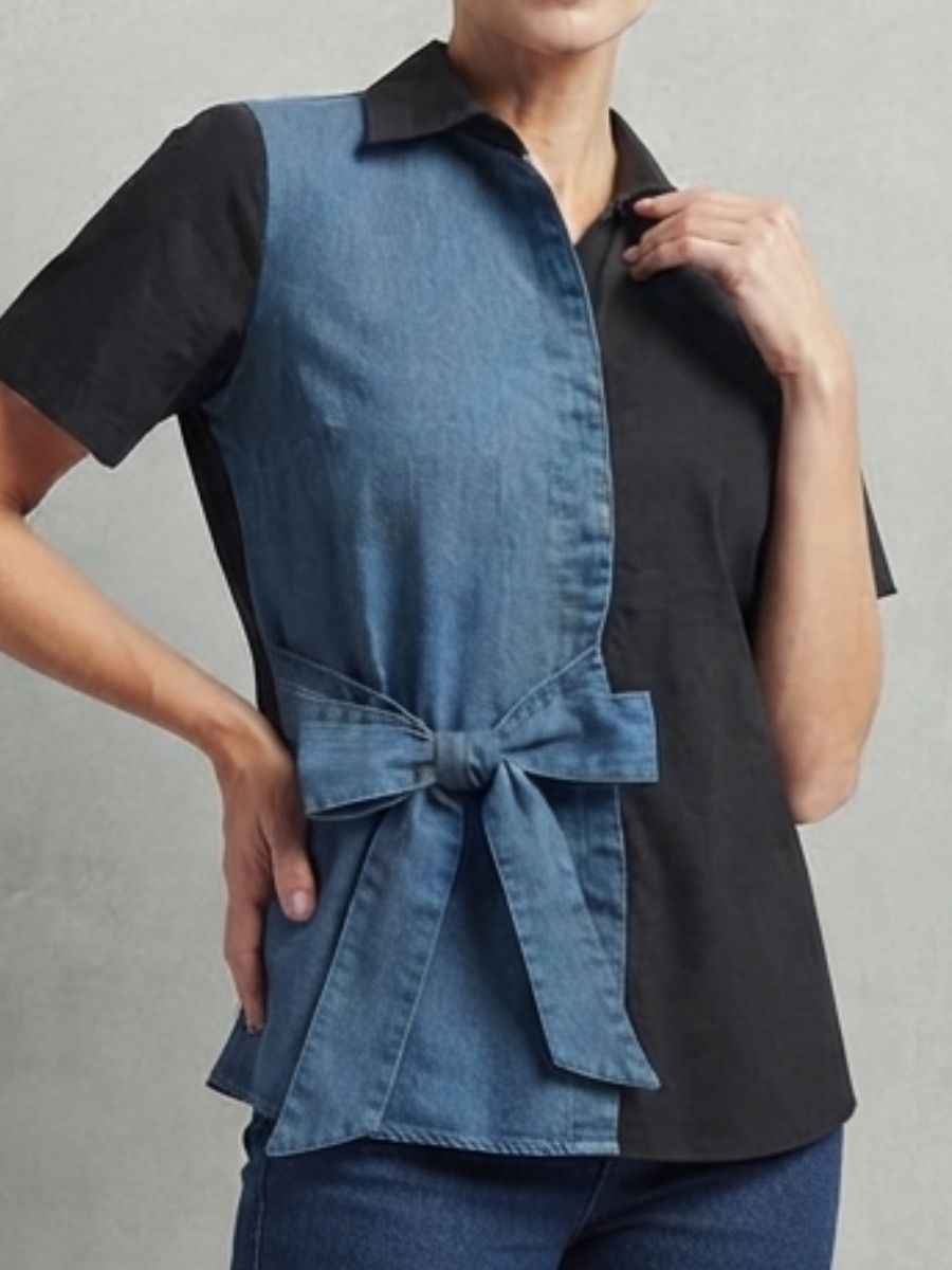 ModaFesta -black-denim-blue-split-design-front-bow-top