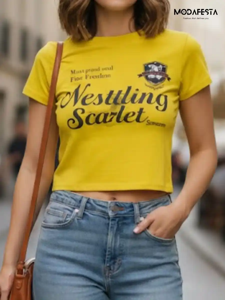 ModaFesta -elegant-lettering-print-crop-t-shirt-yellow