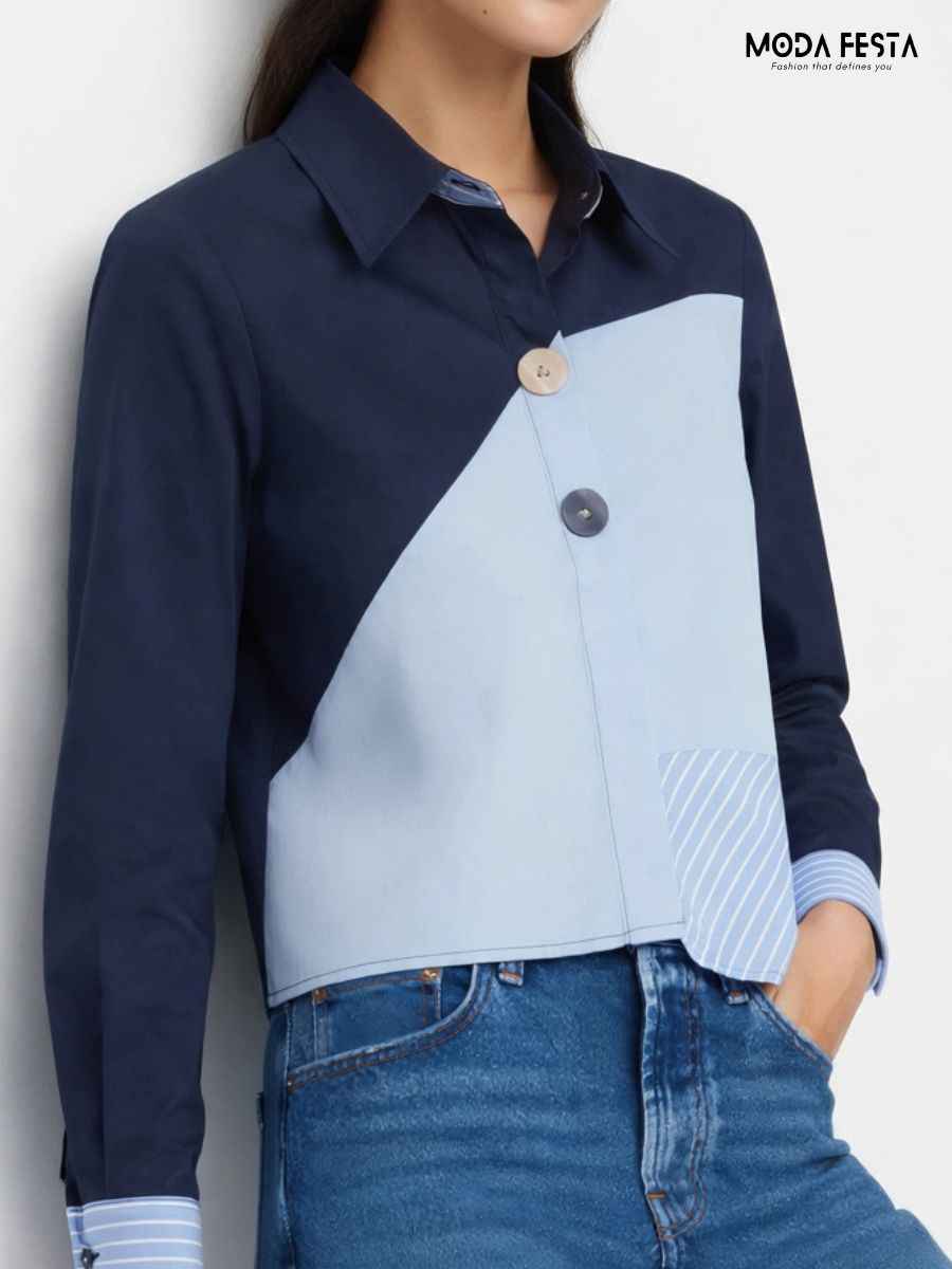 ModaFesta -navyblue-asymmetrical-colorblock-striped-patchwork-shirt