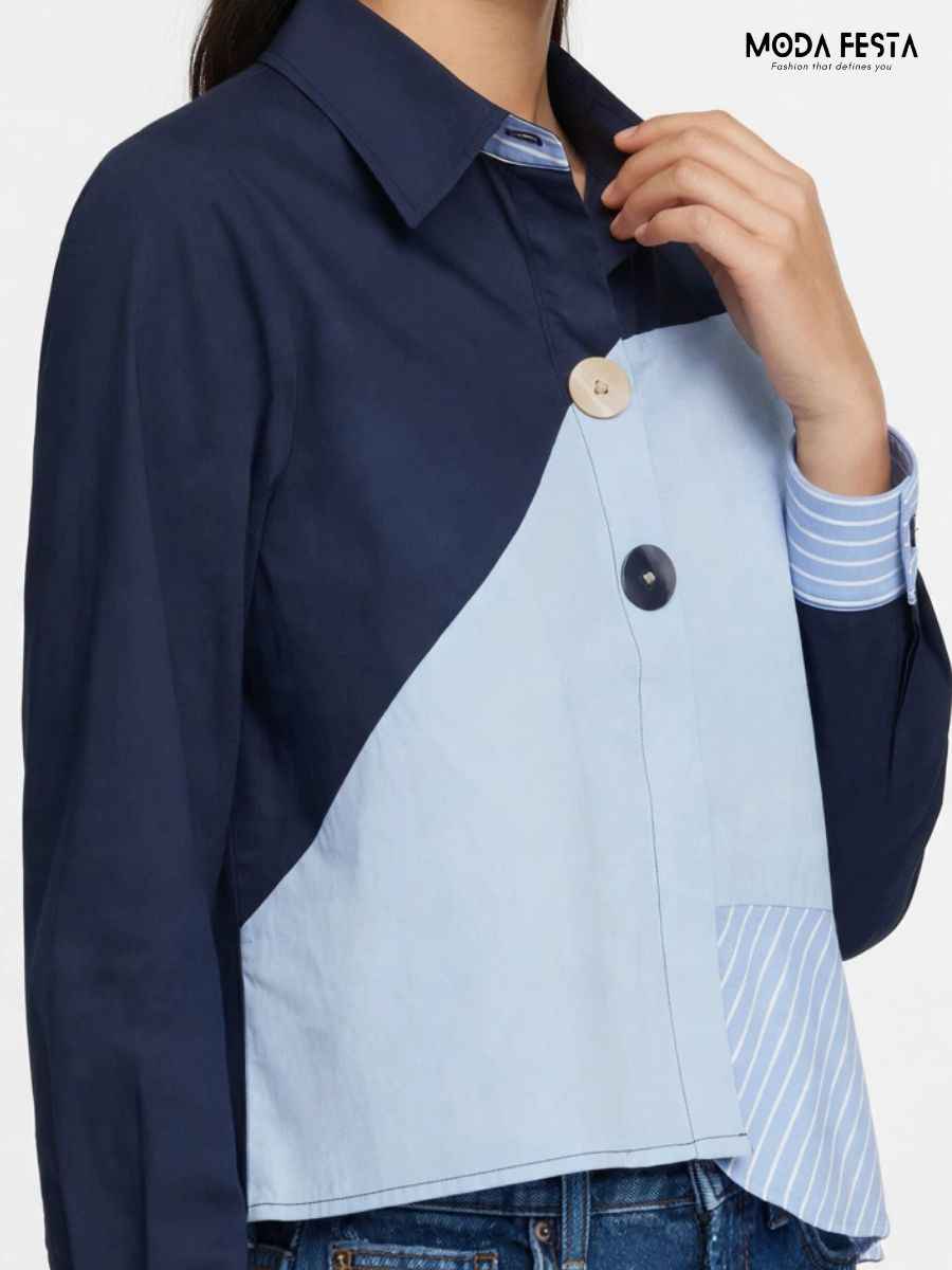 ModaFesta -navyblue-asymmetrical-colorblock-striped-patchwork-shirt