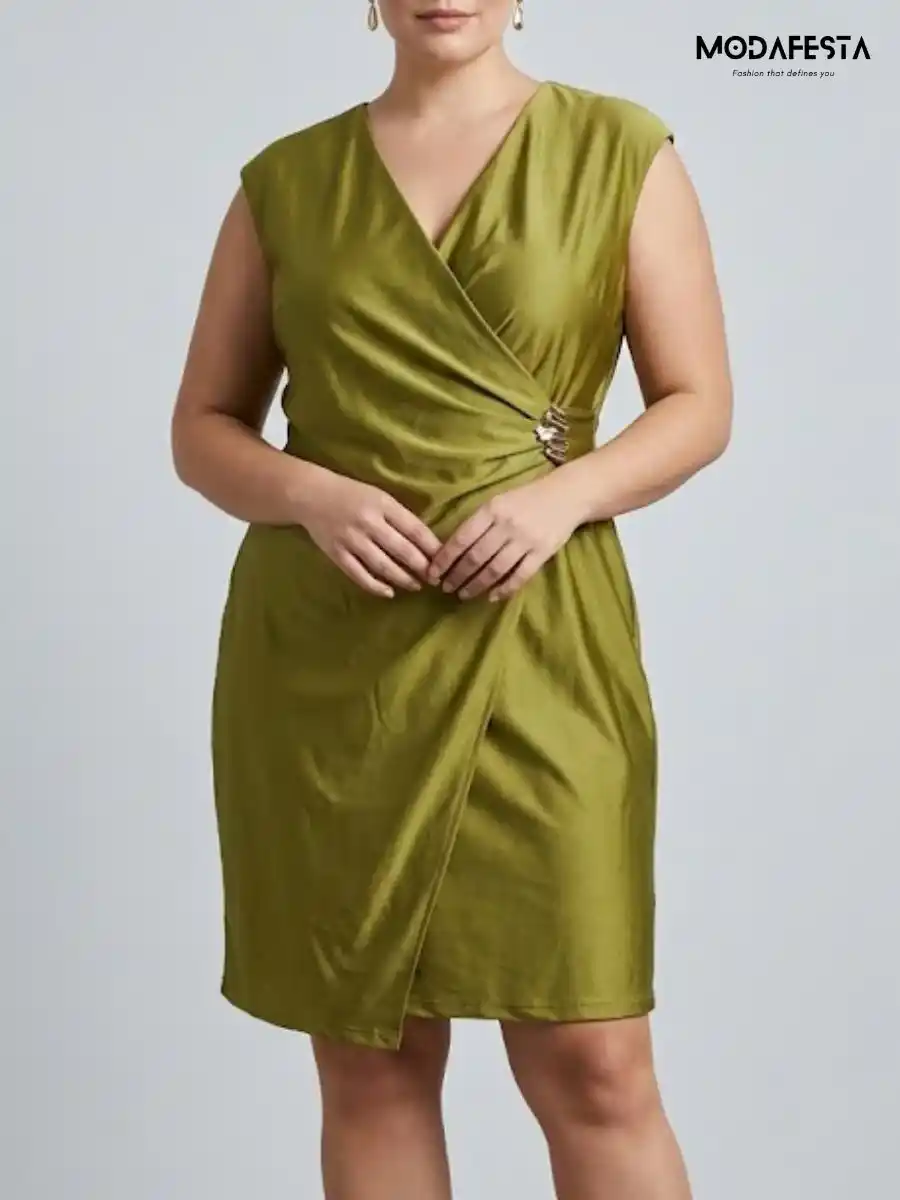 ModaFesta -elegant-sleeveless-wrap-front-ruched-dress-green