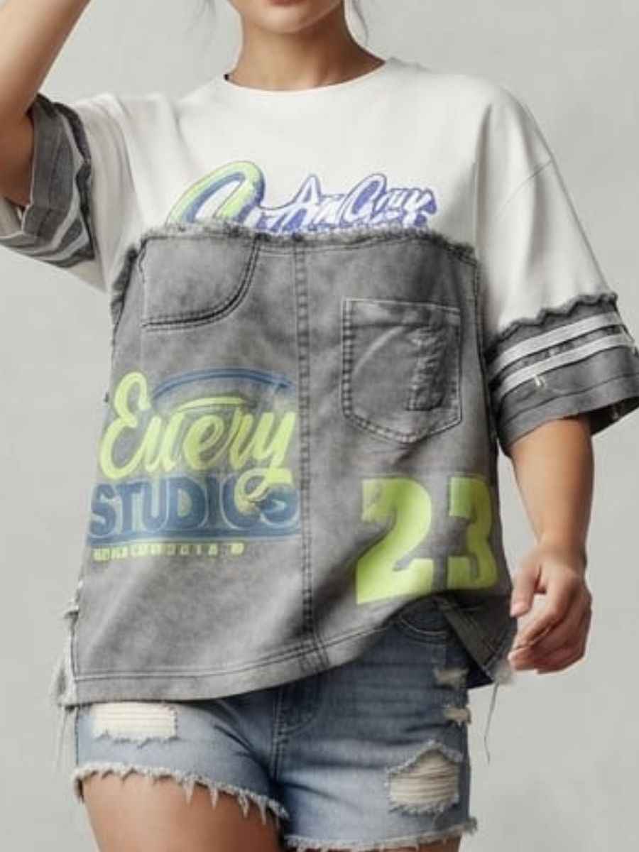 Grey and White Patchwork Denim Graphic Statement Top
