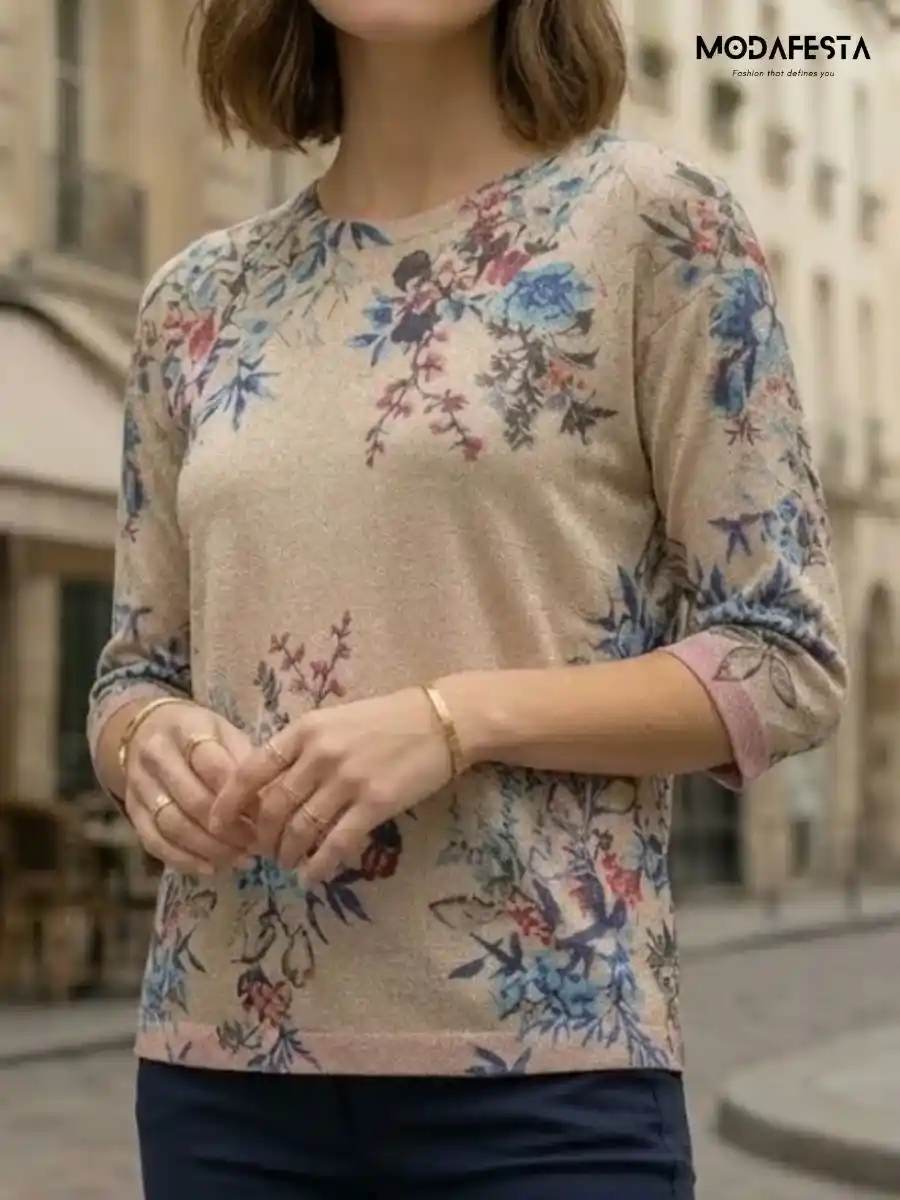 ModaFesta -elegant-shiney-floral-graphic-print-top-1-beige