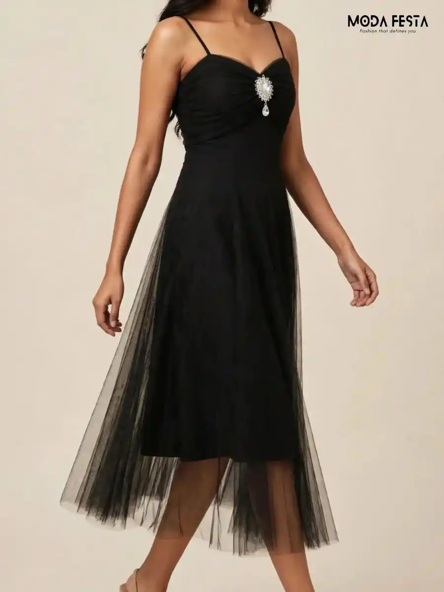 ModaFesta -black-pleated-net-midi-dress