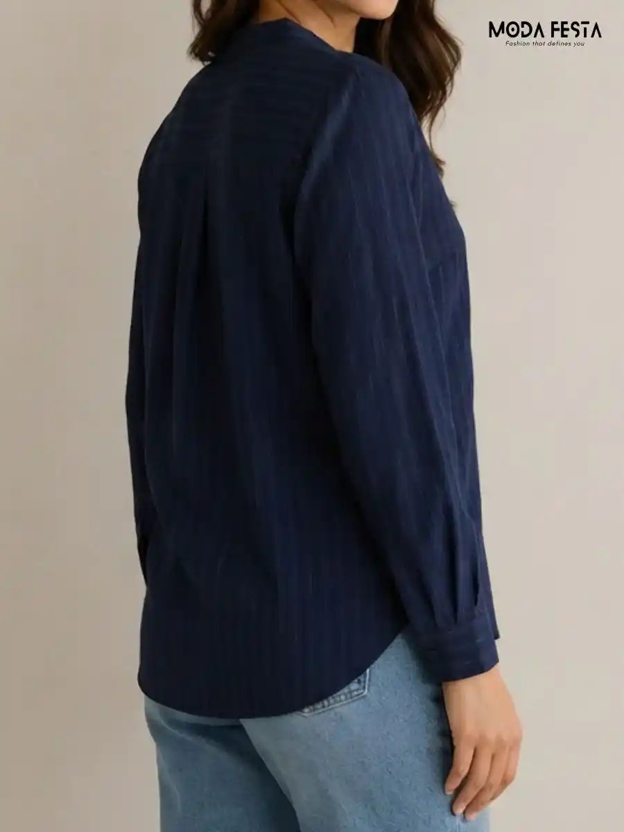 ModaFesta -navy-blue-striped-v-neck-long-sleeve-top