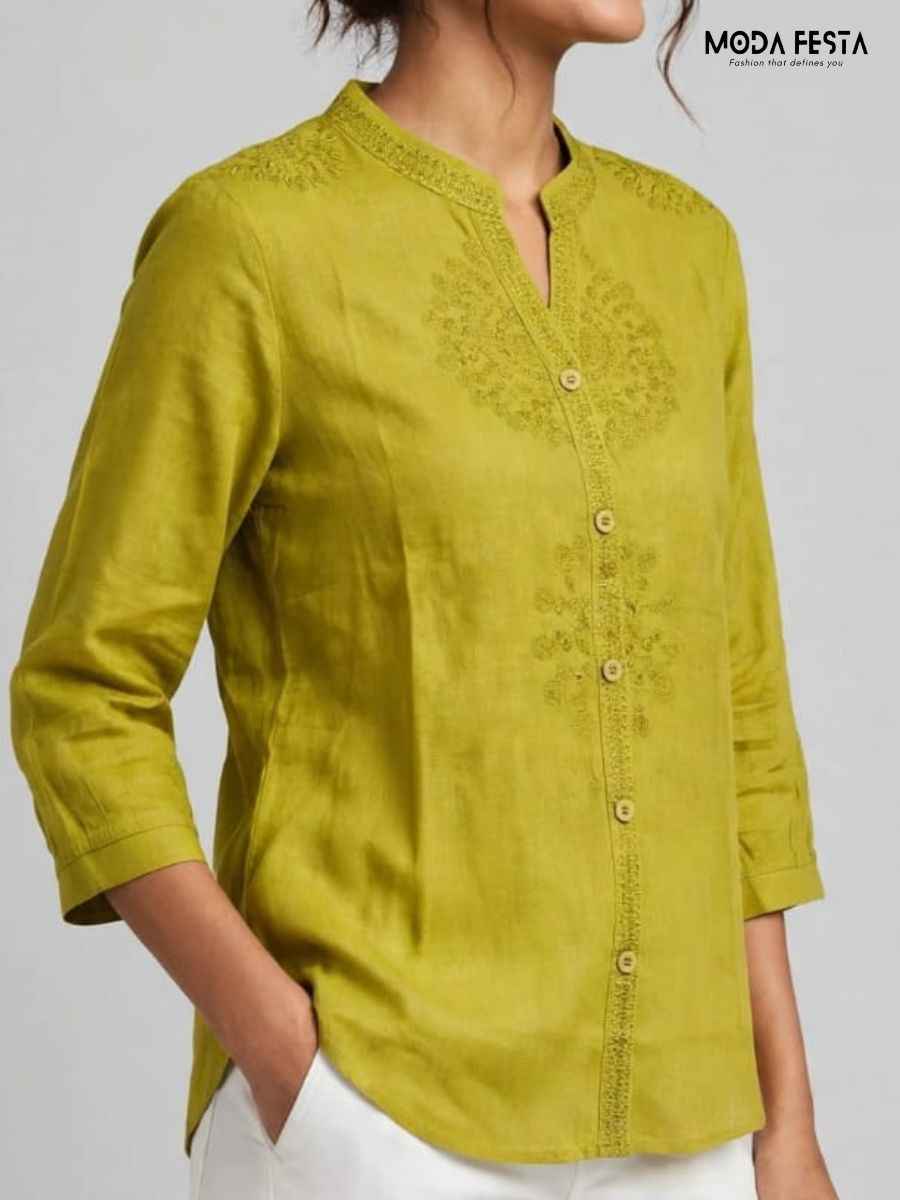 ModaFesta -olive-green-embroidered-mandarin-collar-button-down-top