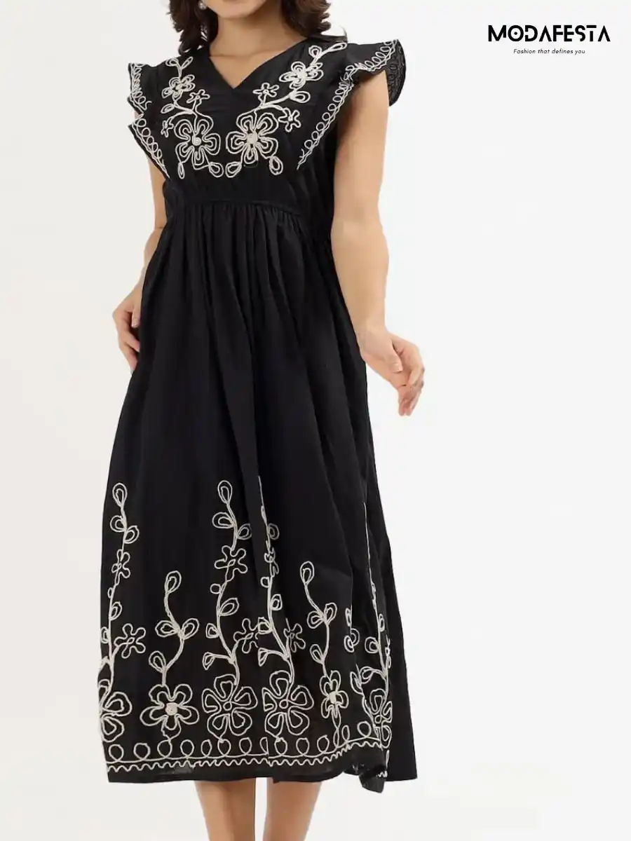 ModaFesta -elegant-linen-embroidered-dress-black