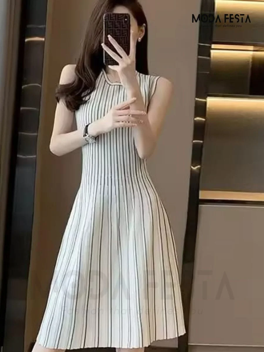 ModaFesta -striped-print-a-line-dress-white