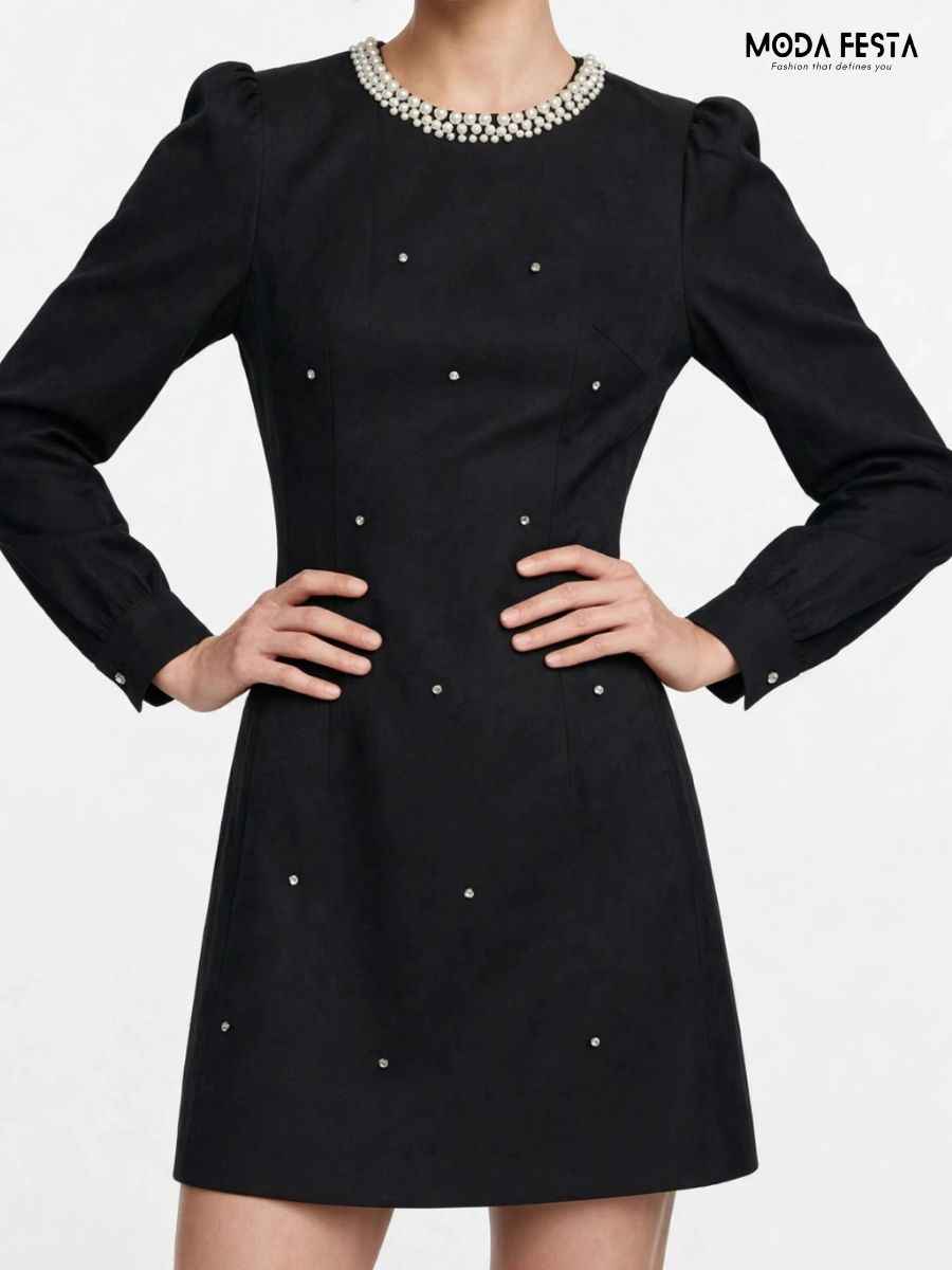 ModaFesta -black-pearl-embellished-high-neck-long-sleeve-mini-dress