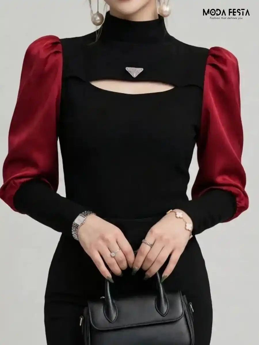 Black and maroon Cut-Out Mock-Neck Contrast-Sleeve Top