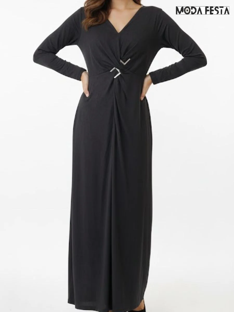 ModaFesta -elegant-v-neck-knotted-front-maxi-dress-black