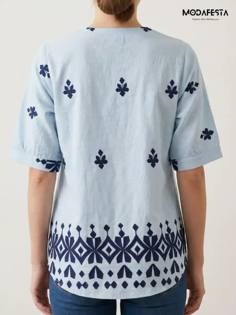 ModaFesta -classy-thread-embroidered-v-necck-top-sky-blue