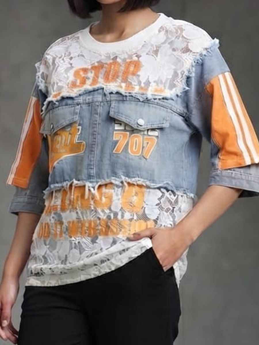 Yellow and White Patchwork Denim Lace Statement Top