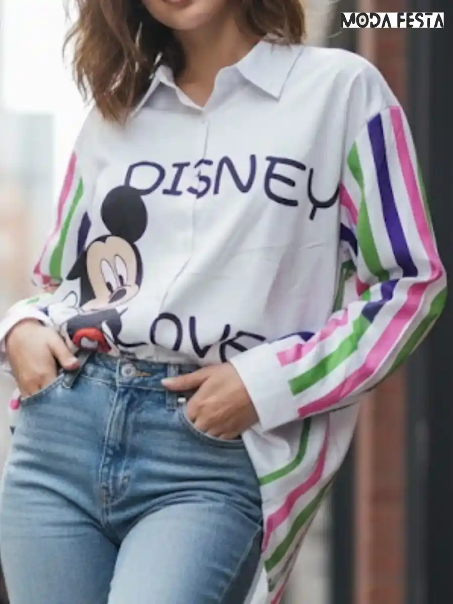 ModaFesta -elegant-disney-print-stripes-shirt-white