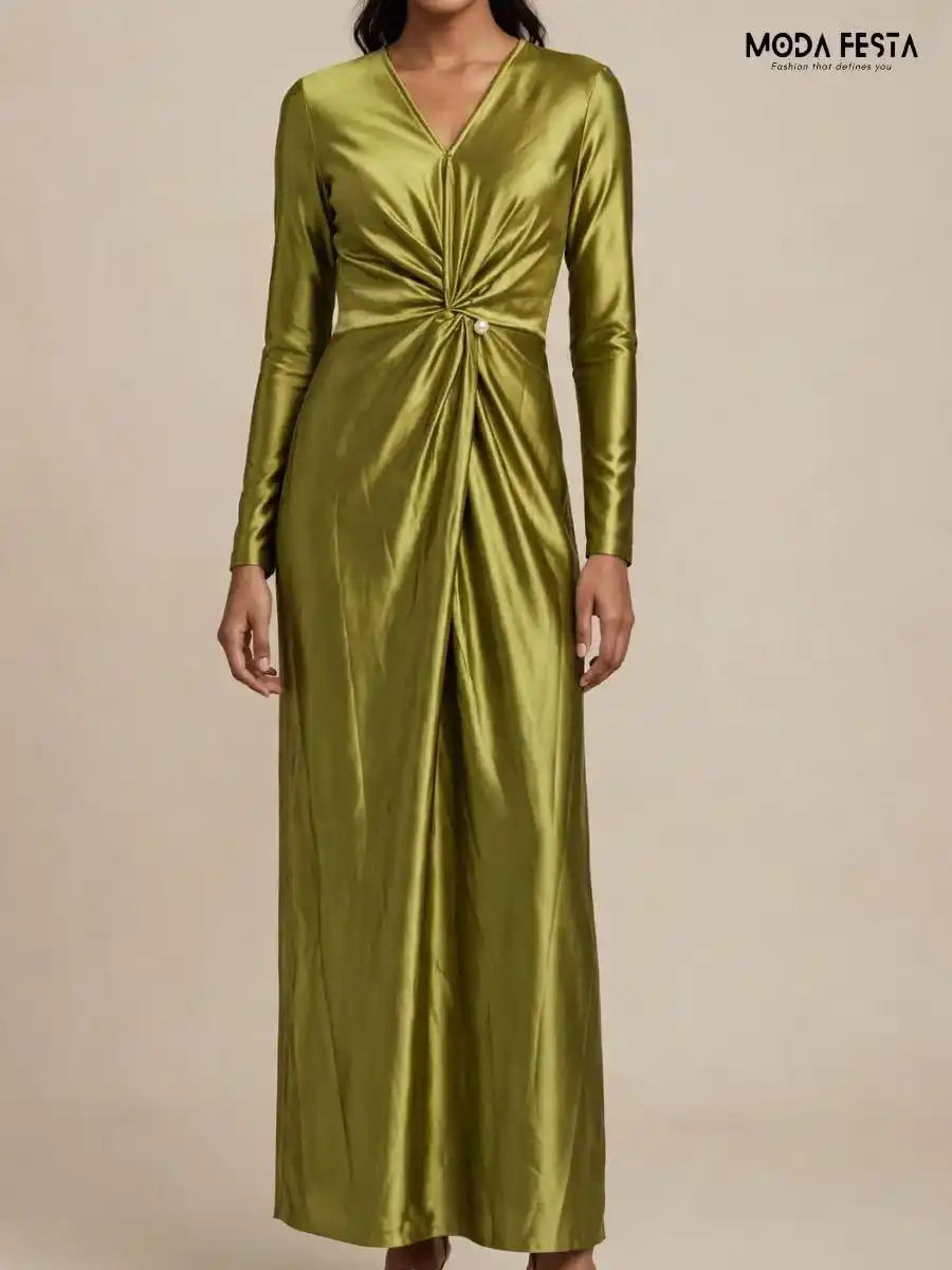 Satin V-Neck Maxi Dress with Front Twist and Pearl Detail