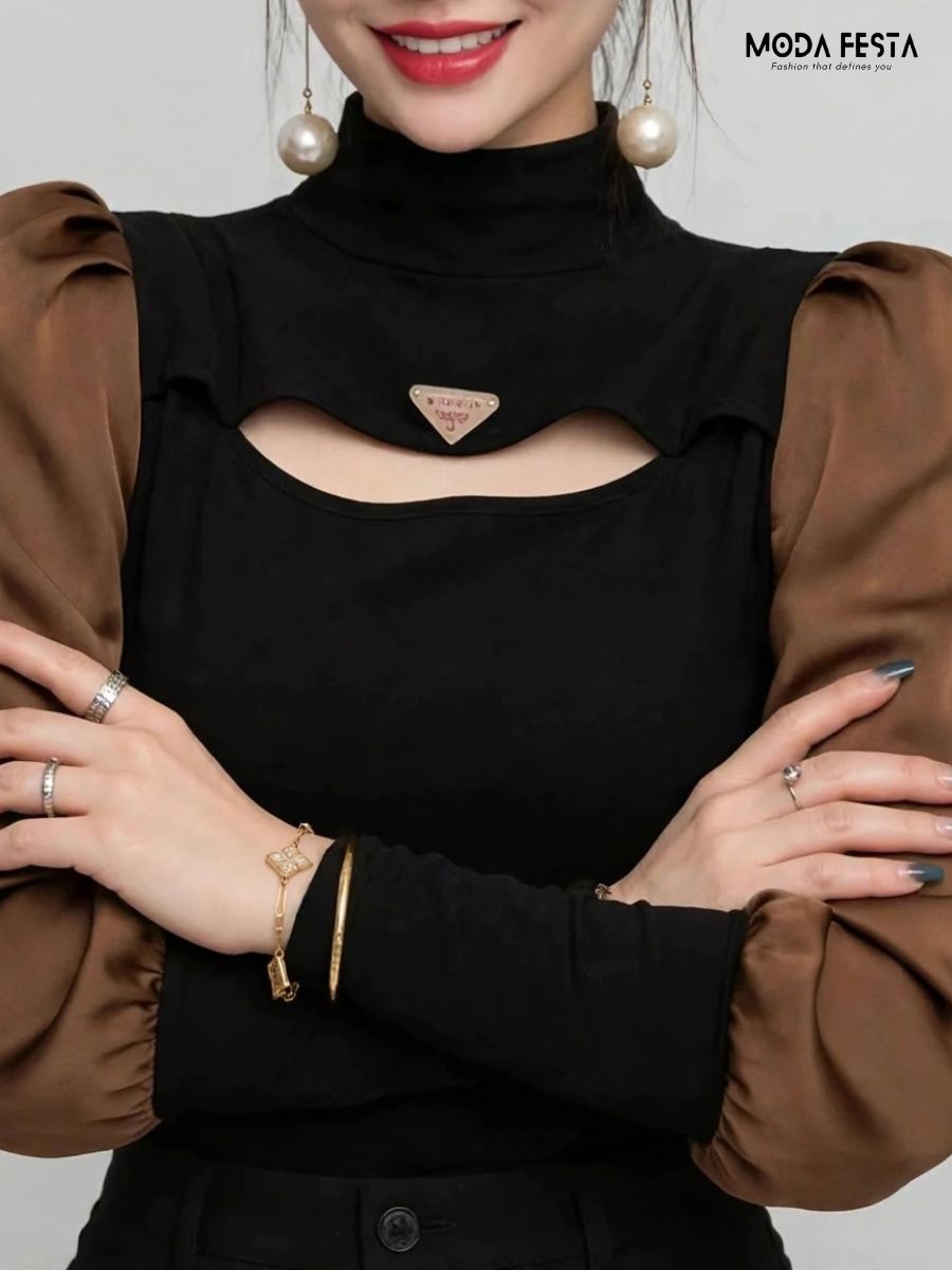 ModaFesta -black-brown-cut-out-mock-neck-top