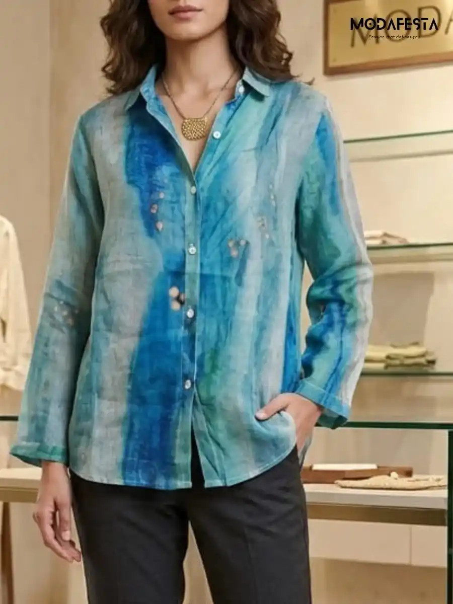 ModaFesta -elegant-abstract-print-linen-shirt-blue