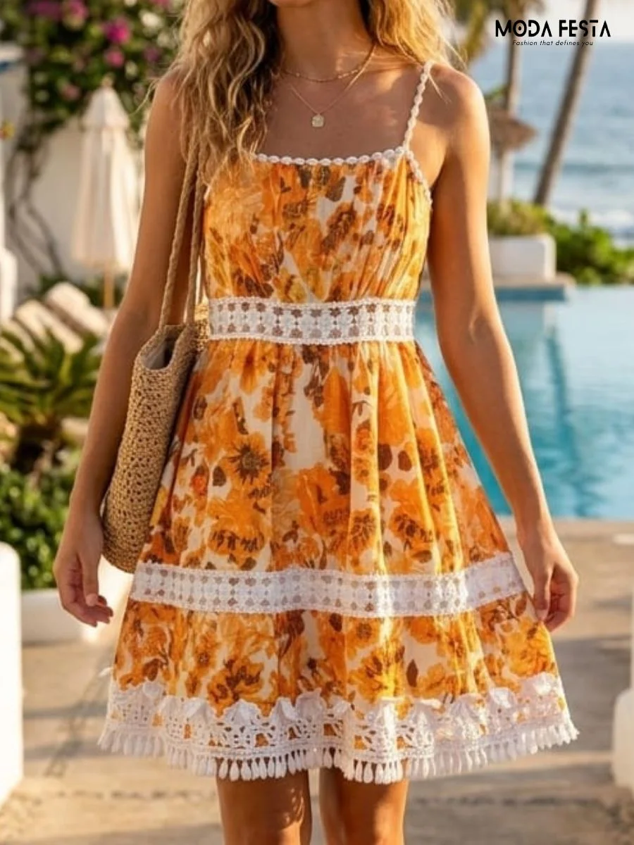ModaFesta -floral-print-crochet-trim-tassel-mini-dress