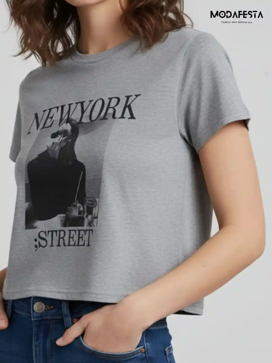 ModaFesta -classy-grey-new-york-print-crop-t-shirt