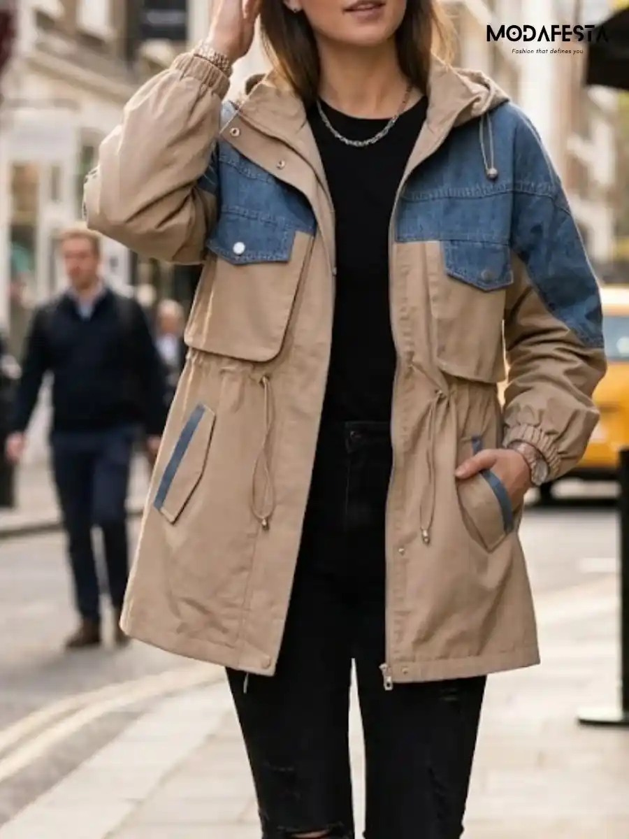 Elegant Denim With Parachute Fabric Hoodie Jacket