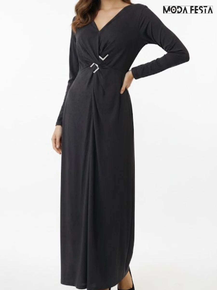 ModaFesta -elegant-v-neck-knotted-front-maxi-dress-black