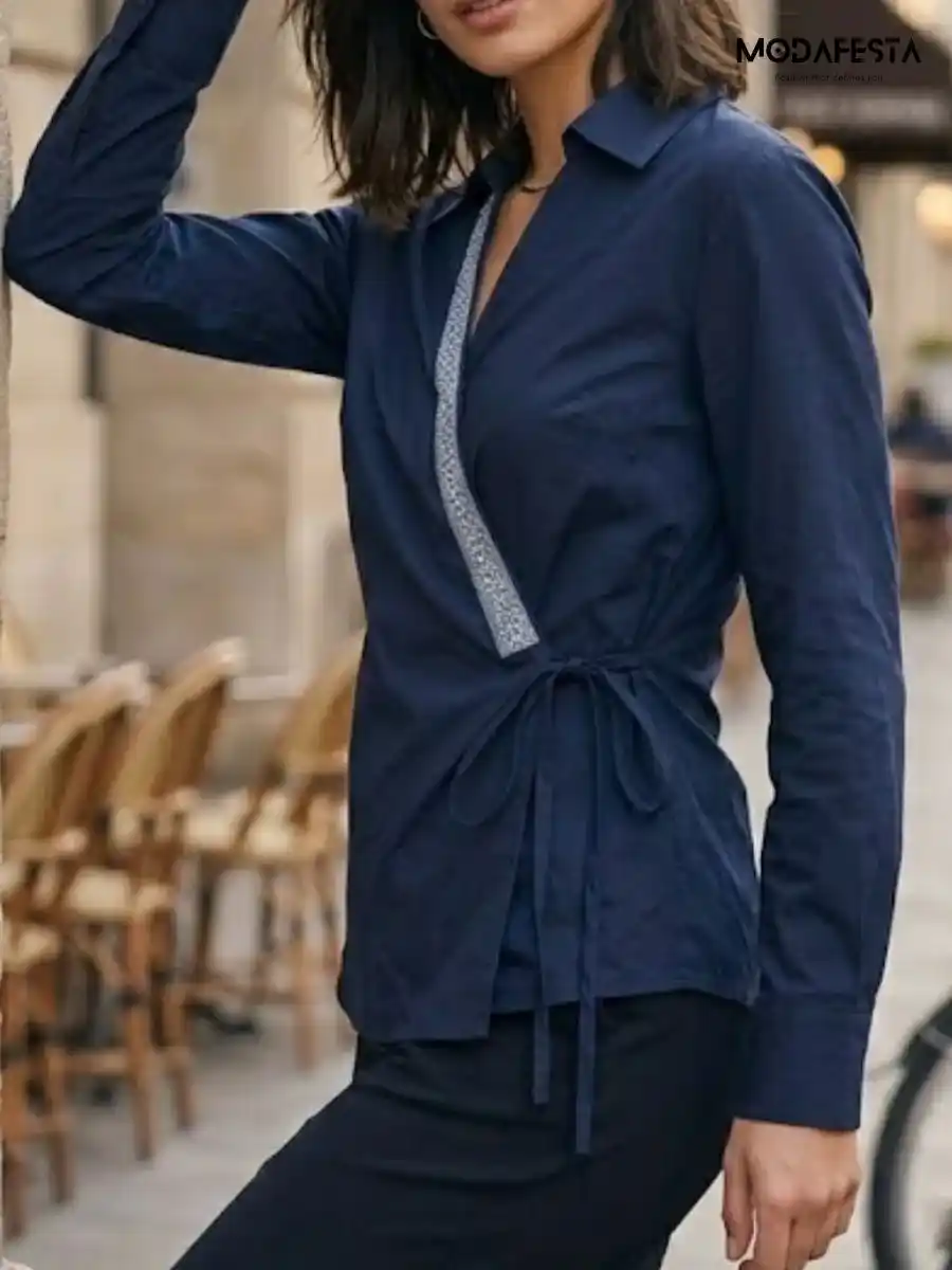 ModaFesta -elegant-v-neck-embellished-wrap-top-navy-blue
