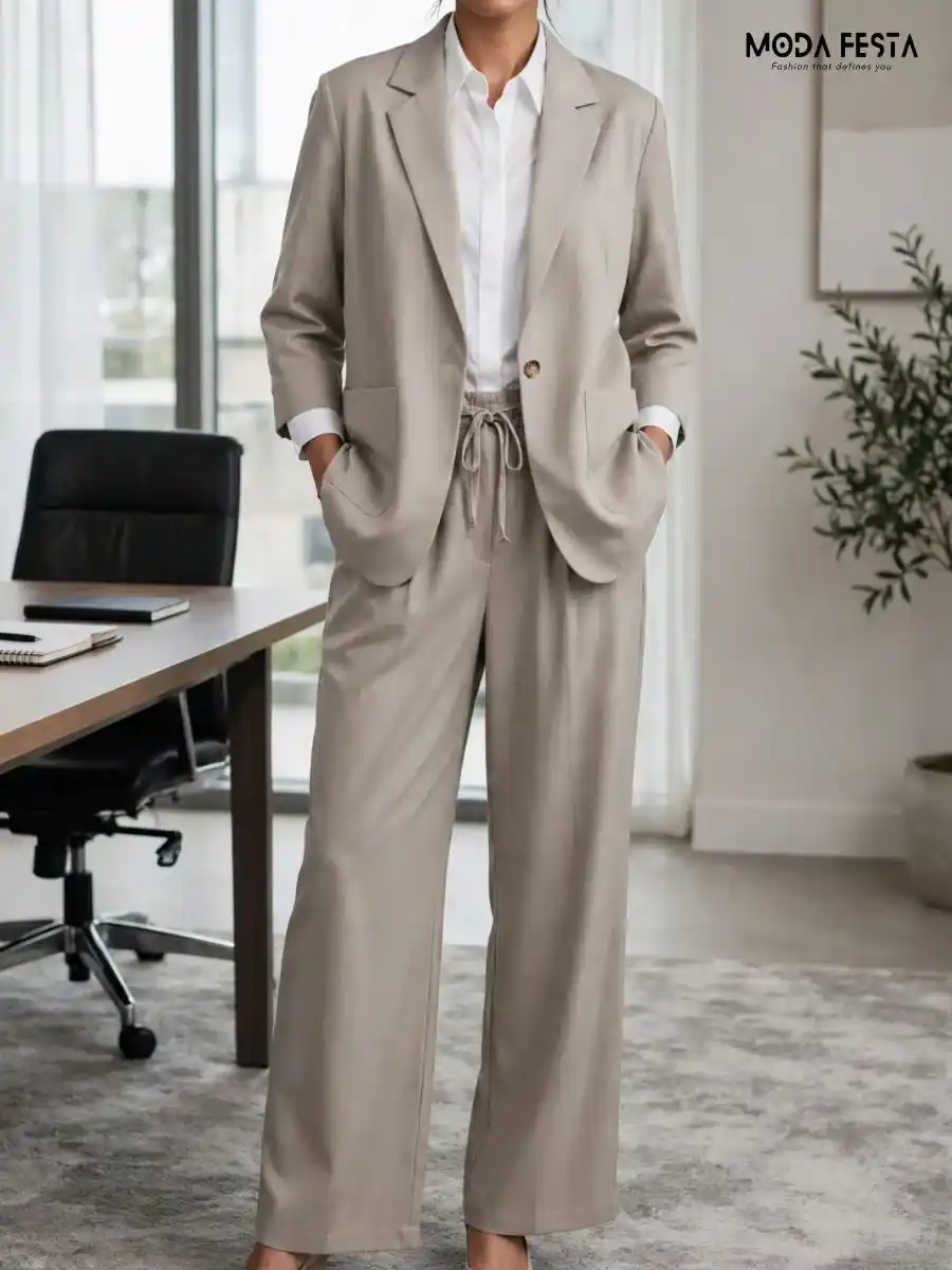 Solid Tailored Blazer and Trousers Co-Ord Set
