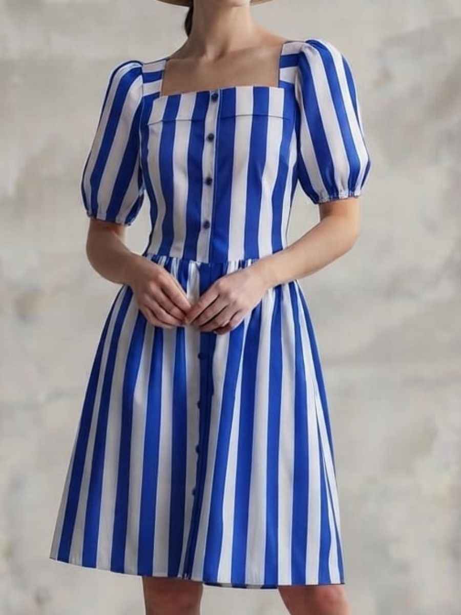 Royal Blue and White Striped Puff-Sleeve Dress